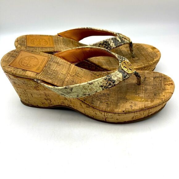Tory Burch Thora Shake Print Leather/Cork Wedge Sandals Size 7,5 - Picture 1 of 8